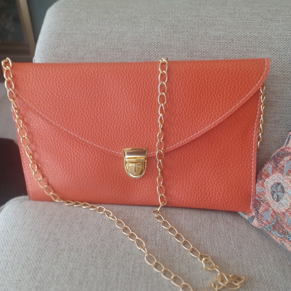 Orange Envelope Clutch with Gold Chain - Picture 2 of 10
